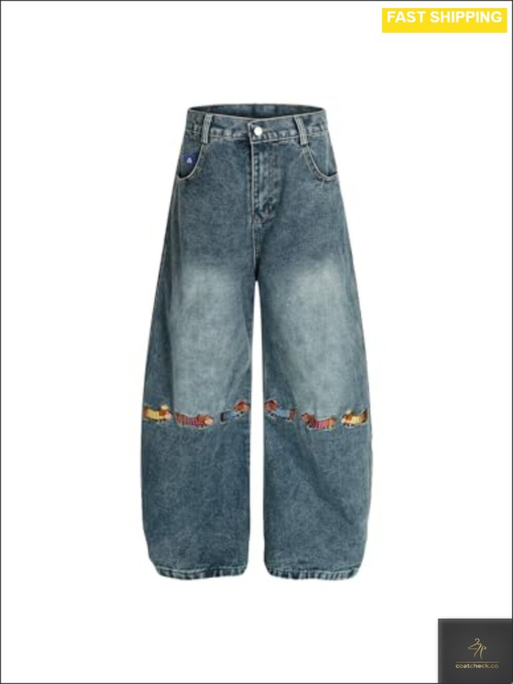 Dachshund Embroidery Baggy Barrel Jeans Wide Leg Y2K Denim Pants